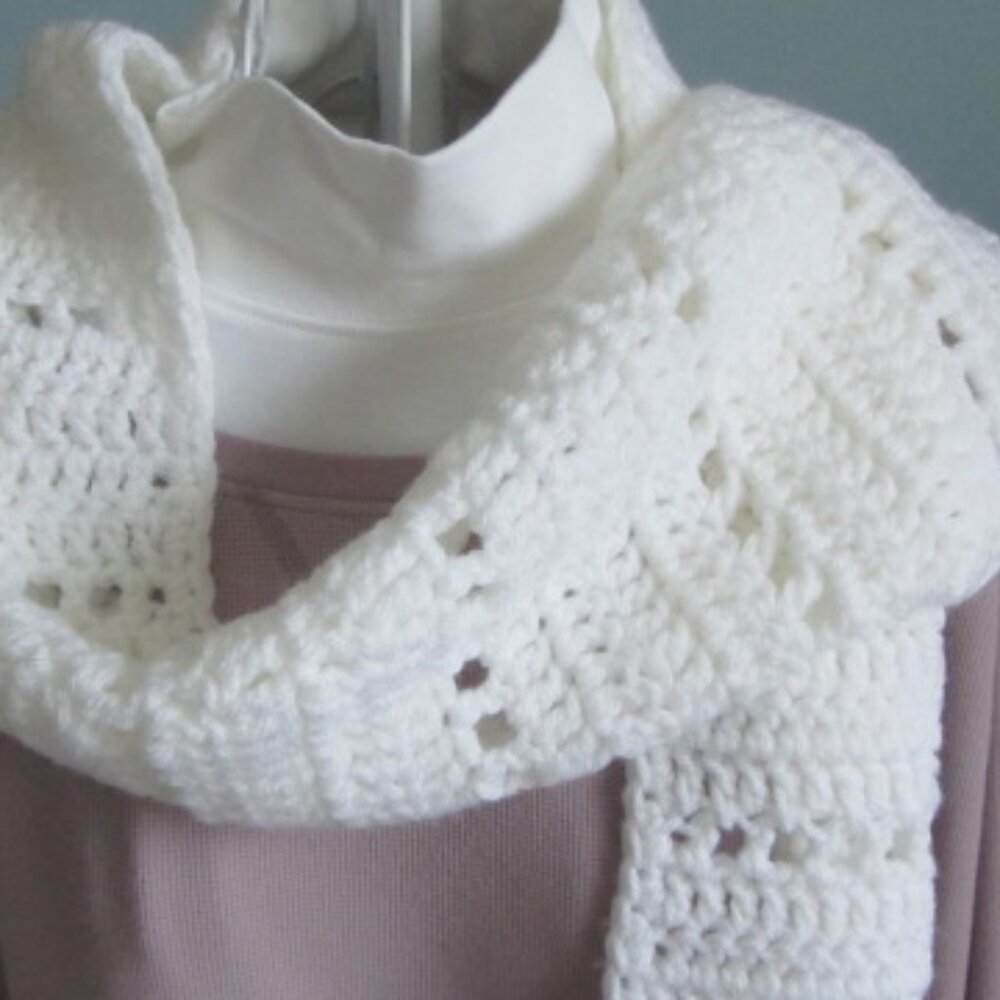 New handcrafted crochet scarf bright white acrylic easy care $20